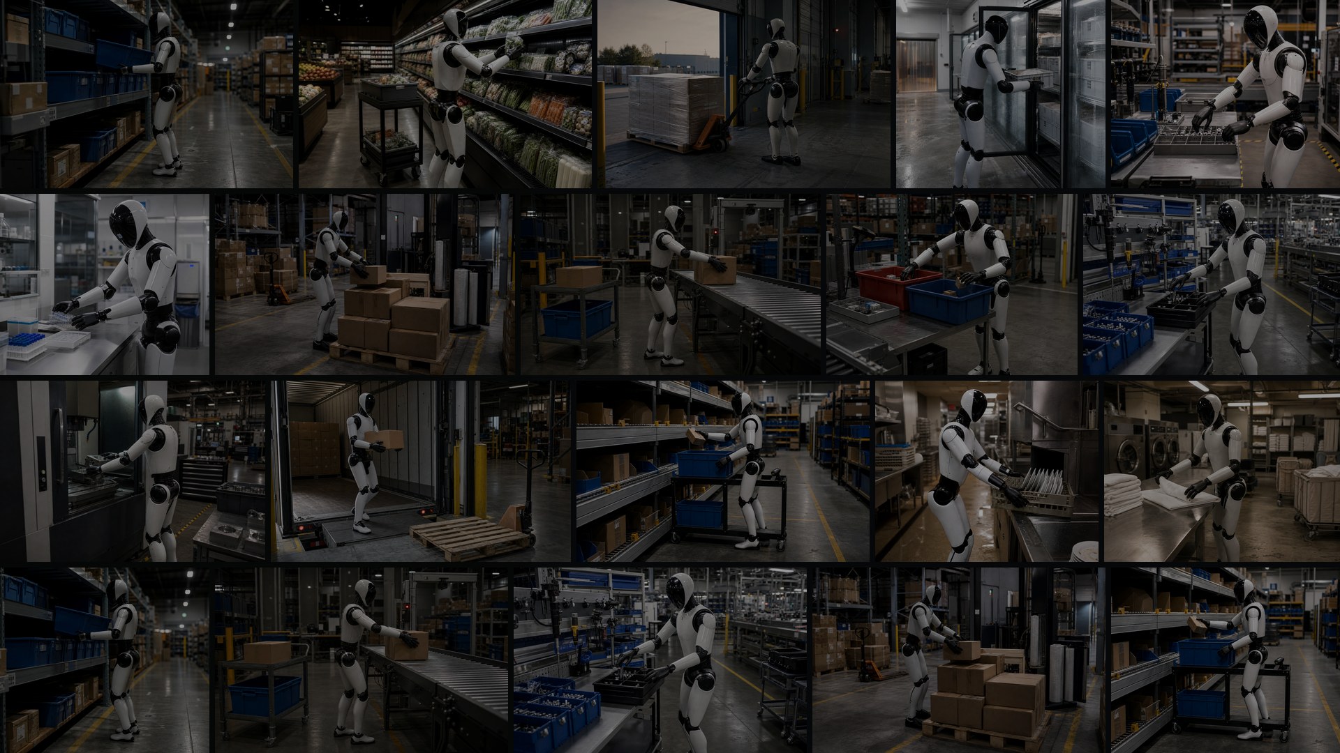 Generated mosaic of Figure-style humanoid robots handling warehouse and factory evaluation tasks