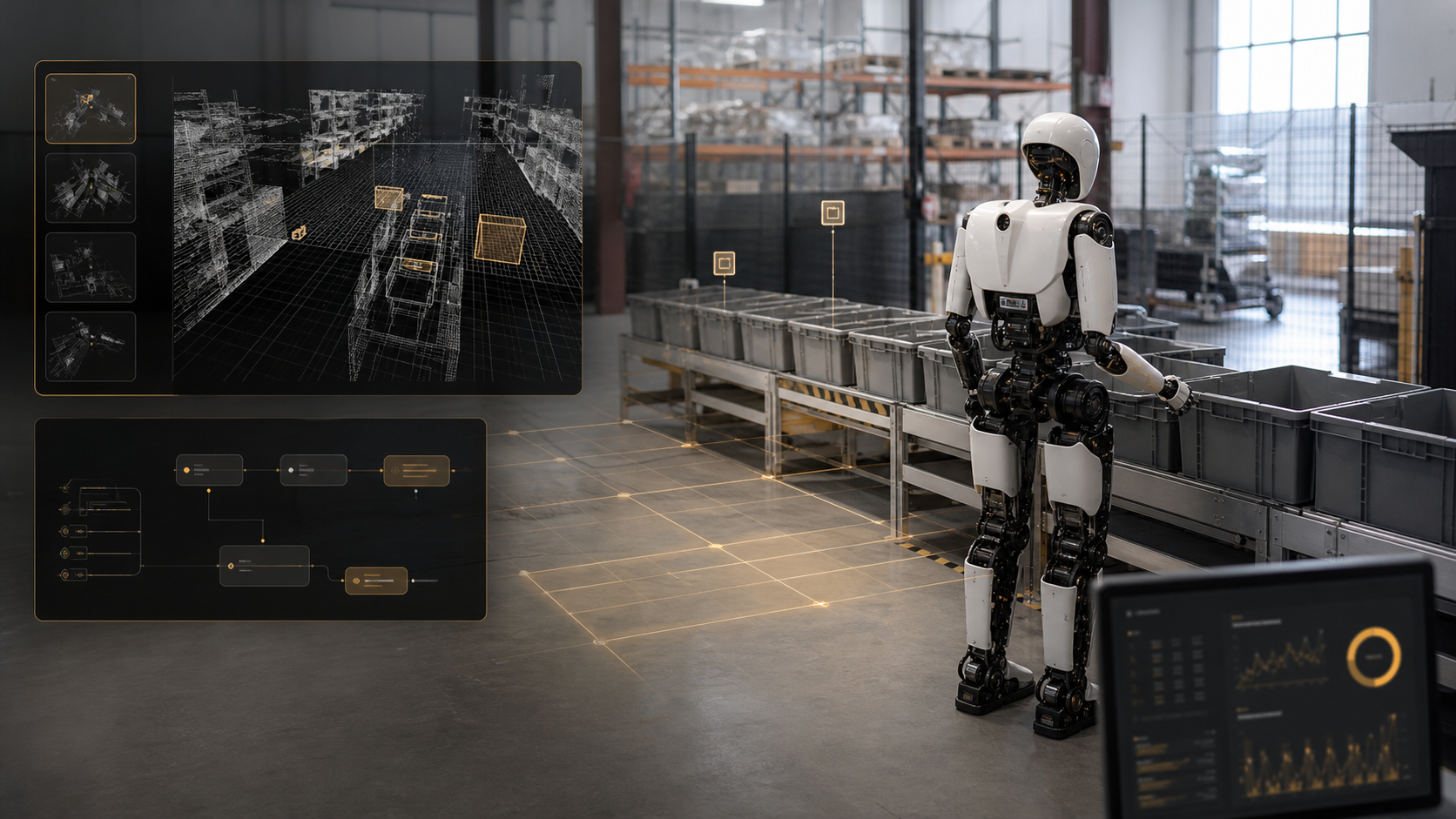 Generated visual of a humanoid robot in a warehouse evaluation bay with site scan overlays