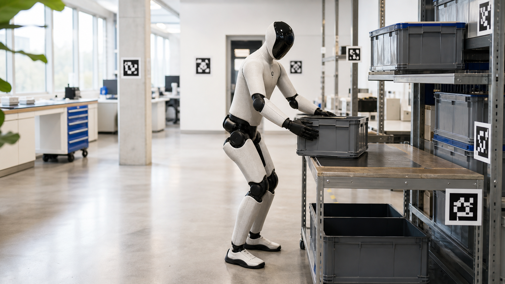 Realistic humanoid robot moving a tote in a captured facility task