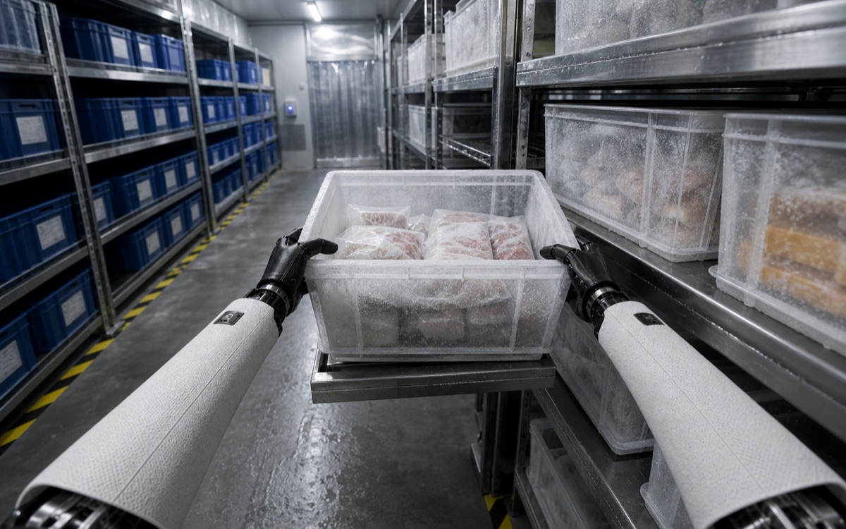 First-person humanoid robot POV pulling a frosted crate from a cold-storage shelf