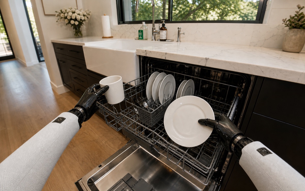 First-person humanoid robot POV loading dishes into a dishwasher