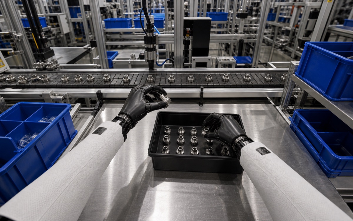 First-person humanoid robot POV sorting small metal parts on a factory conveyor