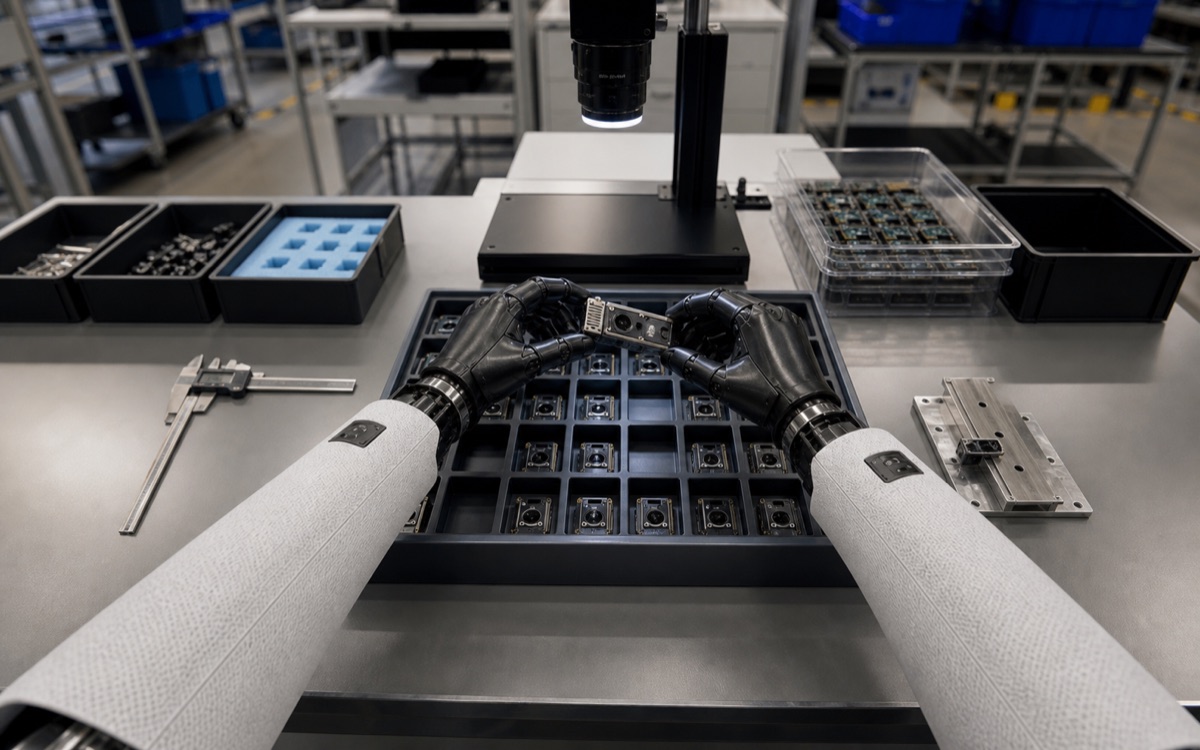 First-person humanoid robot POV inspecting a small component at a QA bench