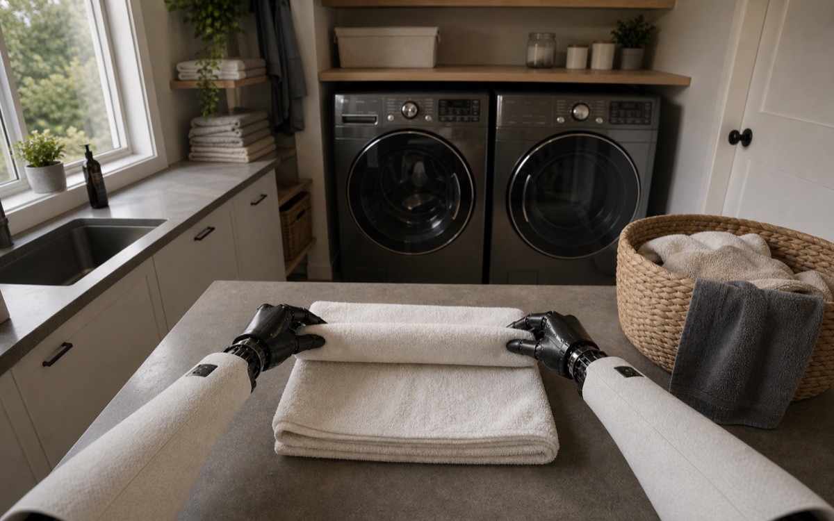 First-person humanoid robot POV folding a towel in a laundry room