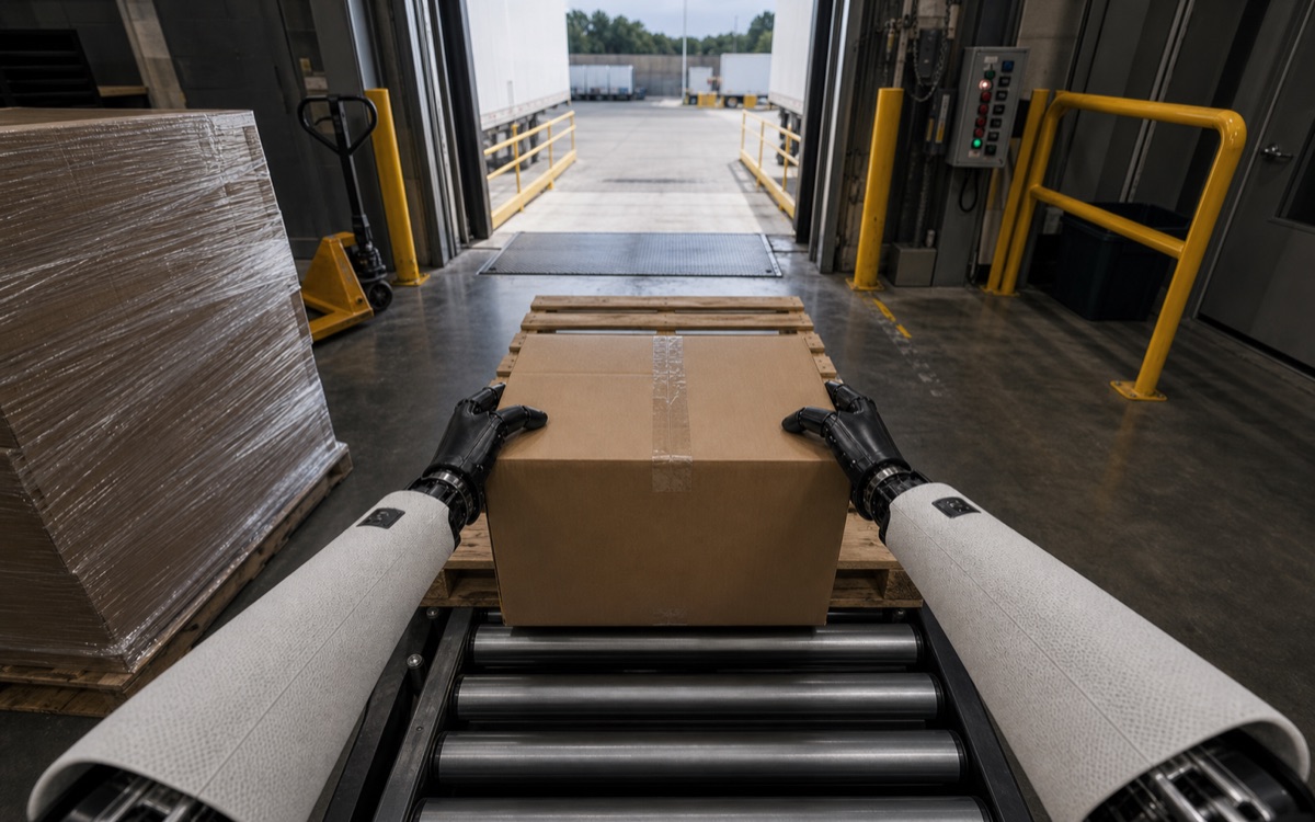 First-person humanoid robot POV moving a carton at a loading dock