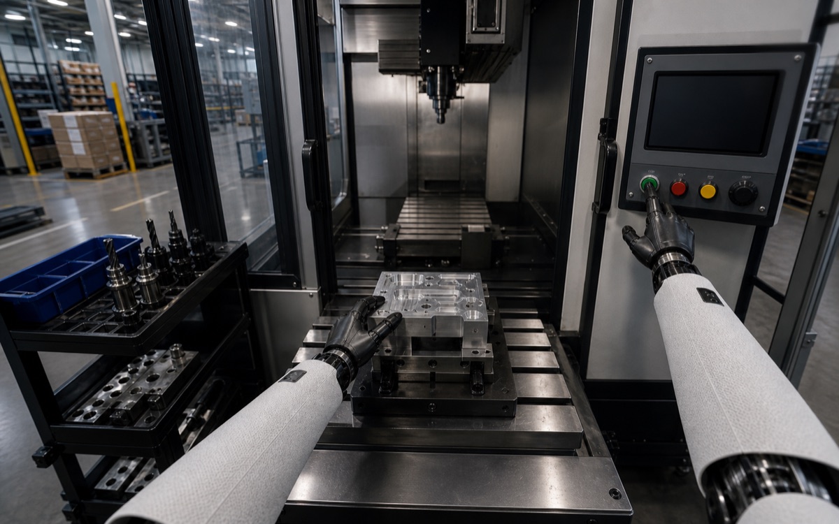 First-person humanoid robot POV operating a guarded industrial machine station