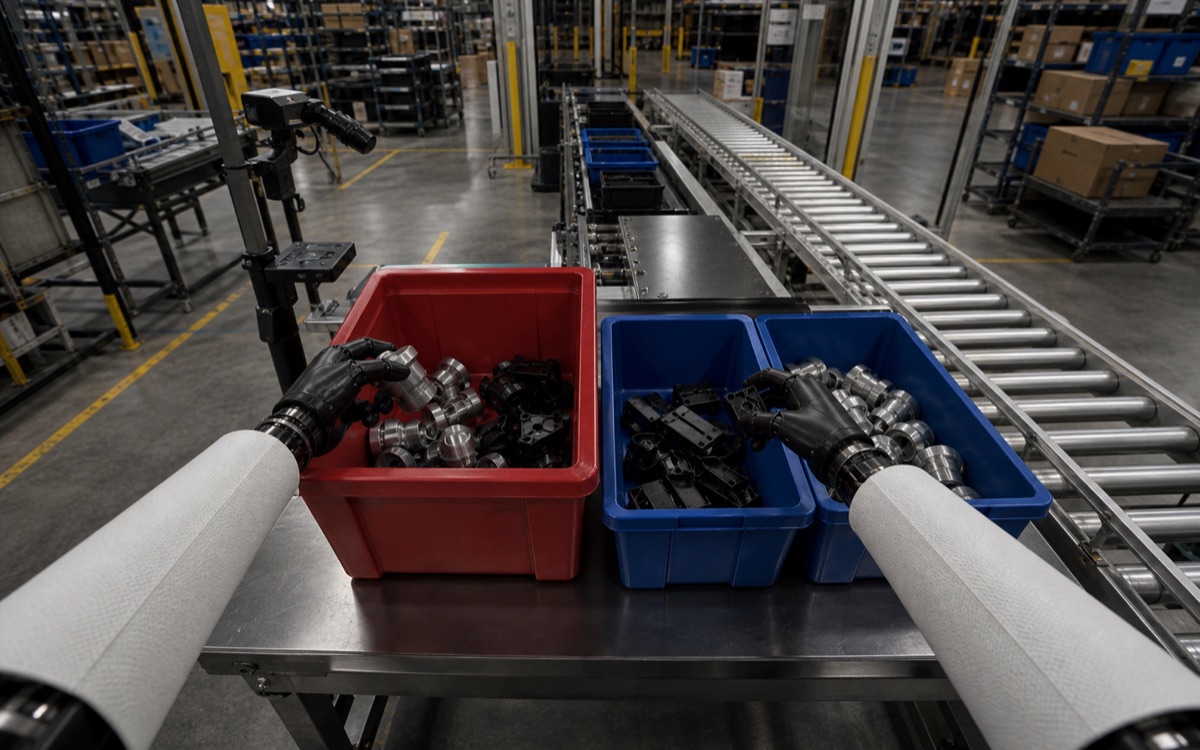 First-person humanoid robot POV sorting parts between bins in a packing cell