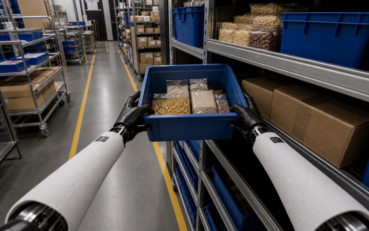 First-person humanoid robot POV restocking packaged goods in a backroom aisle