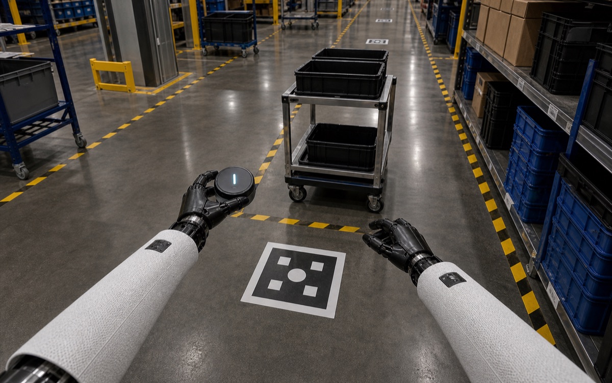 First-person humanoid robot POV checking an industrial aisle route marker