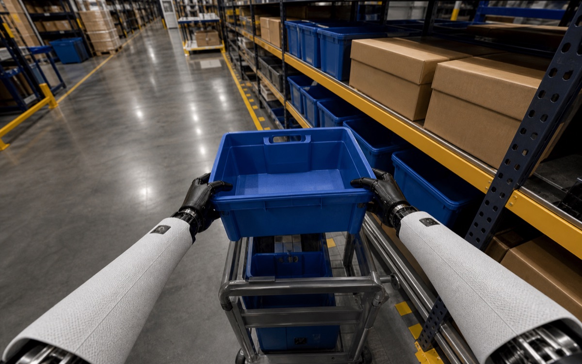 First-person humanoid robot POV lifting a blue tote from a warehouse shelf